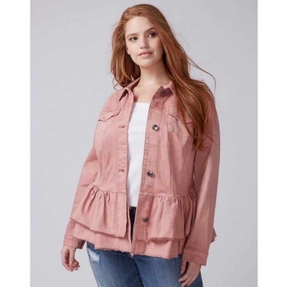 Lane Bryant stretch jean jacket ruffle peplum blush pink raw edge hem Size 16